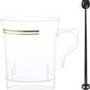 Nervure 60 Pack Clear Gold Plastic Coffee Mugs with 60 PCS Black Coffee Stirrers - 8oz Disposable Coffee Cups with Handles & 5inch Coffee Stirrers - Plastic Tea Cups with Gold Rim for Party