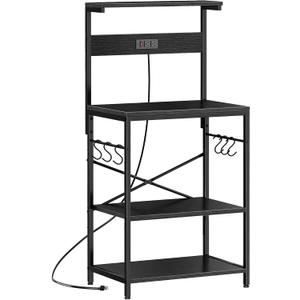 SUPERJARE Kitchen Bakers Rack with Power Outlet, Coffee Bar Table 4 Tiers, Kitchen Microwave Stand with 6 S-shaped Hooks, Storage Shelf Rack for Spices, Pots and Pans -  23.6 inch, Black
