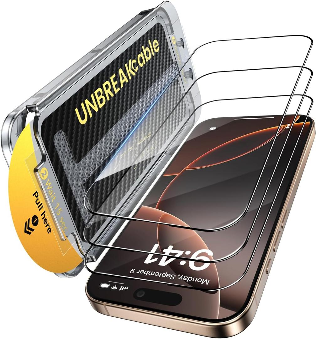 UNBREAKcable 3-Pack for iPhone 16 Pro Max Screen Protector, 9H+ Tempered Glass [Easy Installation Frame + Auto Dust-Elimination] [Bubble-Free, Shatterproof, HD Clear 99.99%] [1:1 Full Coverage]
