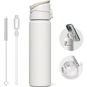 RHINOSHIELD AquaStand Magnetic Bottle 23 oz | Stainless Steel Insulated Water Bottle with Straw Lid, Sport Bottle with MagSafe Compatible Handle, Tripod with Adjustable Angles, Leak Proof - White (22.7 Ounces)