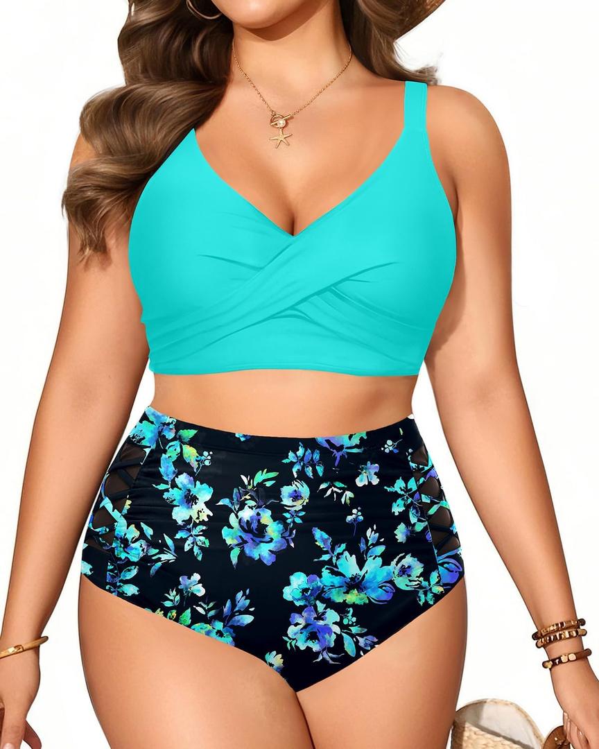 Plus Size Two Piece Swimsuit - High Waisted Bikini Set Tummy Control Bathing Suits for Women (Aqua Blue Flower) 14W