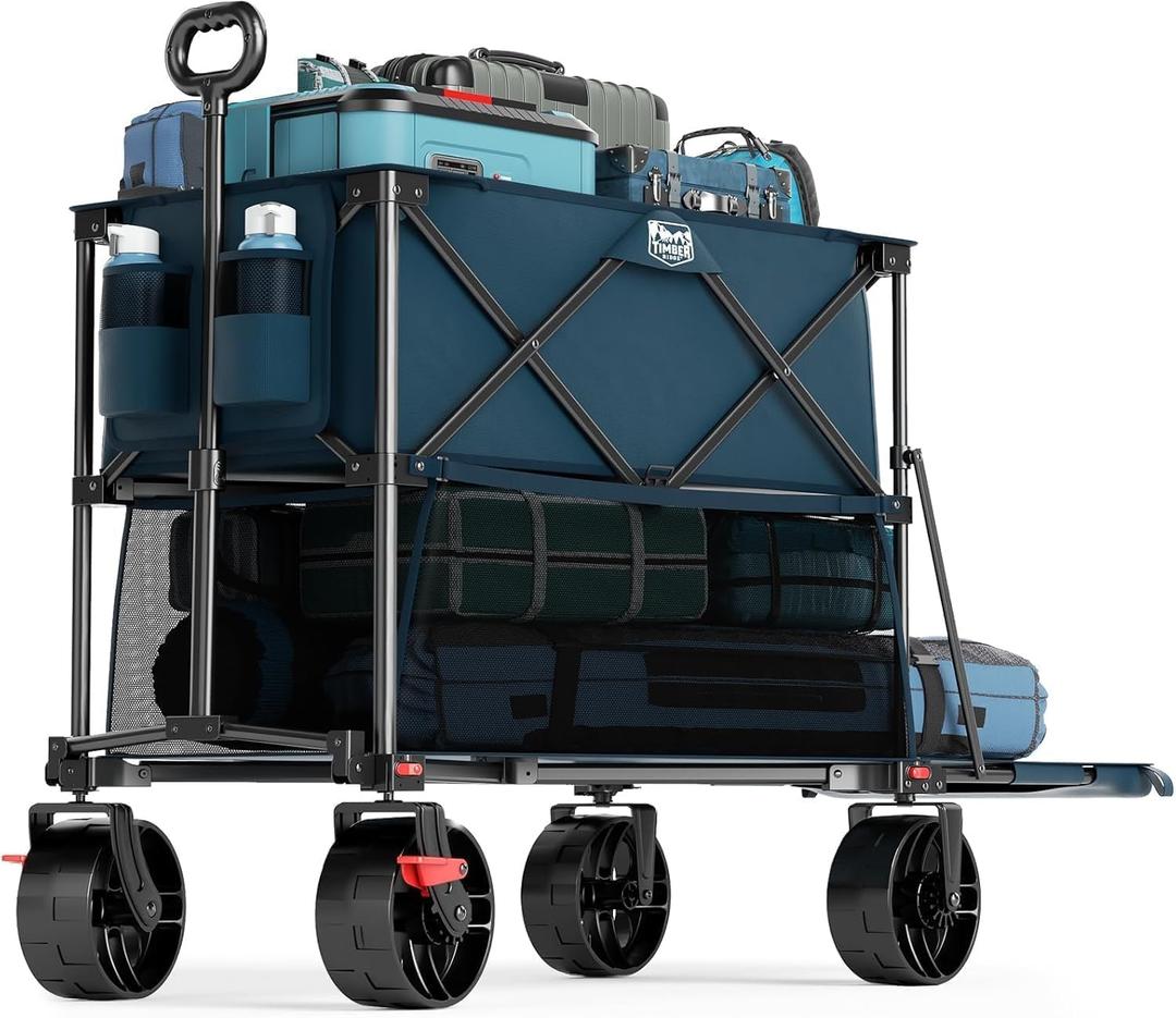TIMBER RIDGE 400L Large Capacity Folding Double Decker Wagon with Brakes, 54" Extra Long Extender Wagon Cart, 450lbs Heavy Duty Collapsible Cart, All-Terrain Big Wheels for Camping, Sports, Shopping