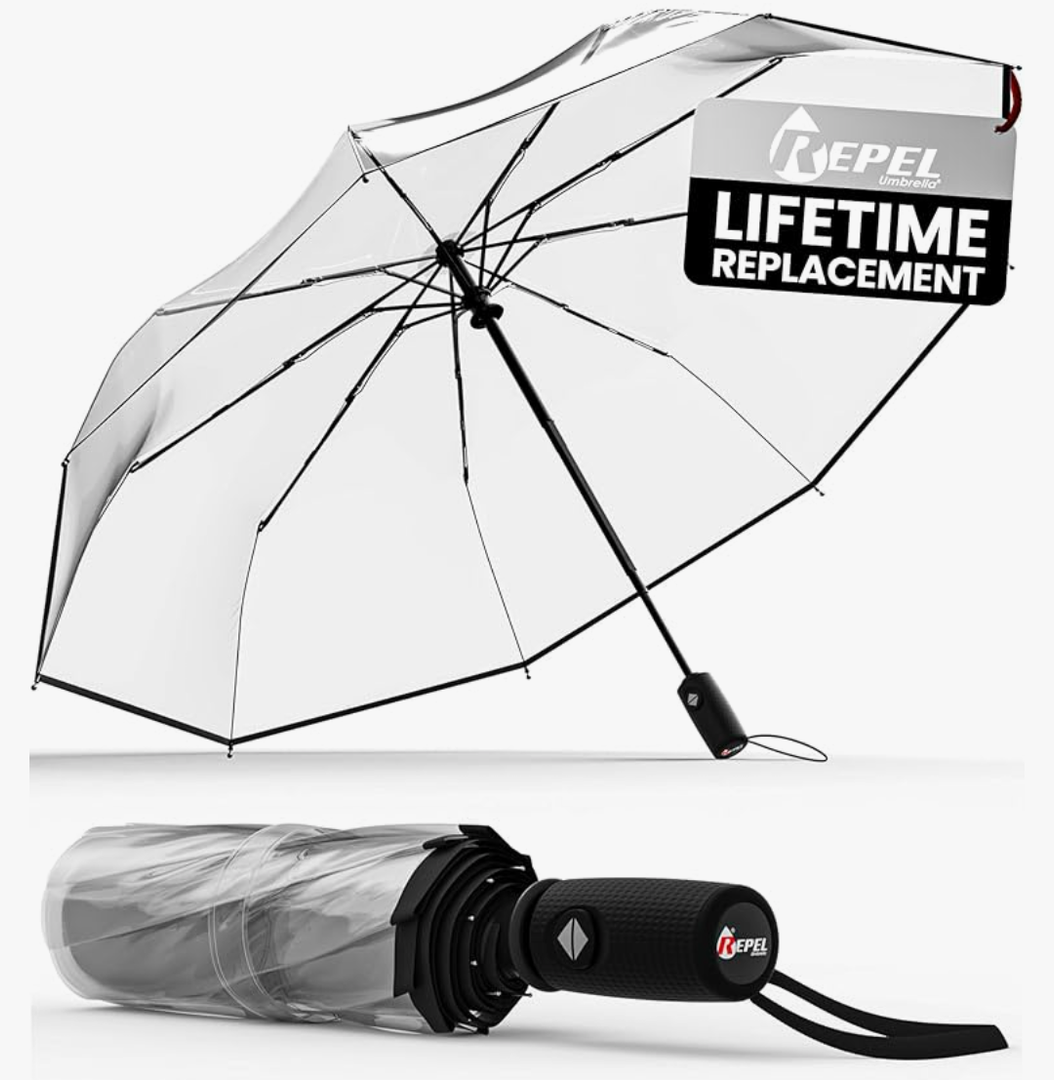 Repel Umbrella Windproof Travel Umbrellas for Rain - Easy Auto Open Close, Durable & Compact Umbrella, Strong Fiberglass Frame, Waterproof Canopy - Backpack, Purse, Portable Umbrella for Travel Clear