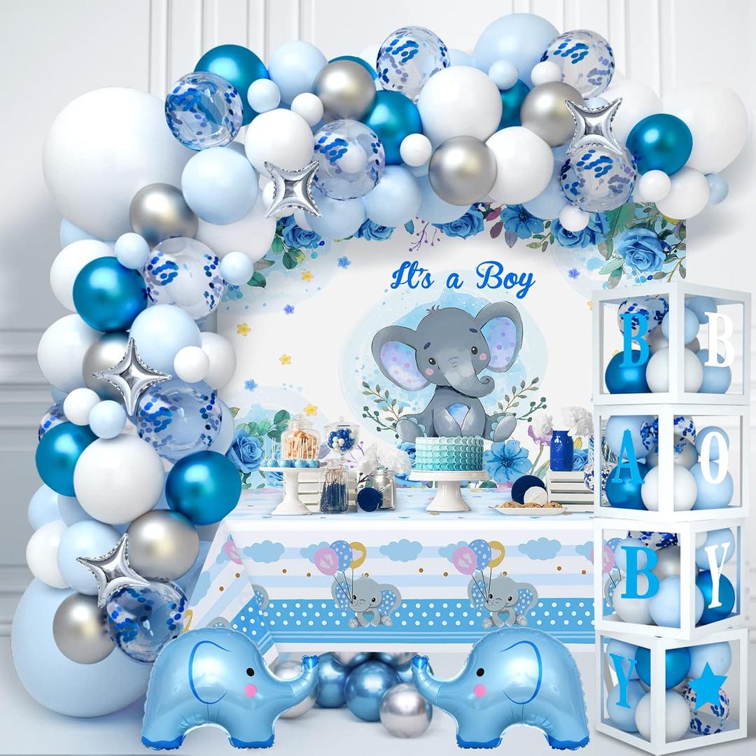 Golray 155pcs Elephant Baby Shower Decorations for Boy, Boxes with Letters/ Blue Balloon Garland Kit/ Backdrop/ Tablecloth/ Star, Elephant Kid Birthday Party Supplies Baby Boy Shower Decor