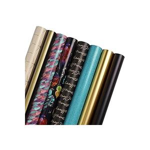 LaRibbons Black Christmas Wrapping Paper Rolls with Cutlines, 30Inch × 10Feet, 8 Rolls: 200 sq.ft.ttl, Matte Gold Black and Stripes Jewel Gift Wrap Bundle for Christmas, Holiday, Season Party