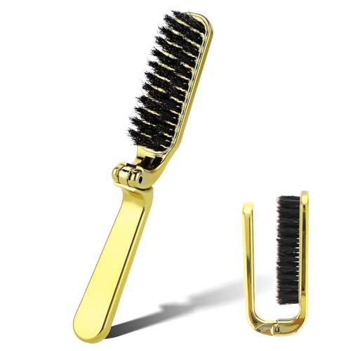 Foldable Boar Bristle Hair Brush, Small Folding Hairbrush Collapsable Mini Travel Hair Brush Anti-Static Range Hair Brush for Women, Portable Pocket Comb Hair Styling Tool,Beard Brush for Men (Gold)