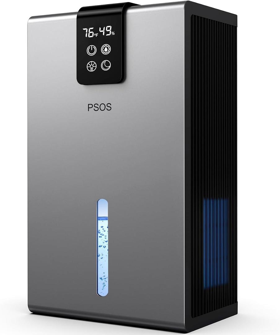 PSOS Dehumidifier, Dehumidifiers for Home, 98 OZ Water Tank, (1000 sq.ft) Quiet Dehumidifier for Basement Bathroom Bedroom with Humidity Display, Auto Shut Off, Relaxing 7 Color Ambient Light(Gray)