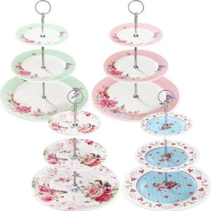 Dandat 4 Pcs 3 Tier Ceramic Cake Stand Floral Cupcake Display Round Porcelain Cupcake Dessert Tower Tray Pastry Serving Tray Platter for Tea Party Wedding Birthday, 4 Designs