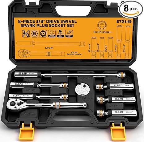 8Piece 3/8" Drive Magnetic Swivel Spark Plug Socket Set, 5/8", 9/16", 14mm, 16mm, Include Ratchet Handle & Spark Plug Gapper, 6 & 12 Point CRV Spark Plug Removal Tool
