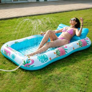 Inflatable Tanning Pool Lounger Float with Sprinkler, Pool Float Adult with Pillow & Cup Holder, Sunbathing Blow Up Tanning Bed, Suntan Tub Raft Floatie for Backyard Summer Water Party Extra-Large