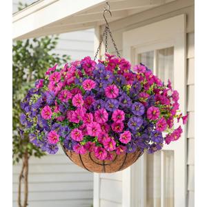 Artificial Fake Hanging Flowers Plants Baskets for Outdoors Fall Decoration, UV Resistant Faux Silk Morning Glory in Planter Realistic for Outside Porch Patio Balcony Garden Yard Home Decor