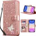 UEEBAI Wallet Case for iPhone 11, Glitter PU Leather Phone Cover Card Slots Kickstand Wallet Magnetic Closure Bling Flip Case Shockproof Hand Strap Flip Cover - Rose Gold