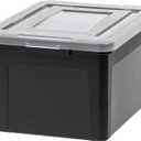 IRIS USA File Box, Plastic File Organizer with Lids for Letter/Legal File, Portable Document Box For Moving, Storage Bin with Durable and Secure Lid, Stackable Nestable BPA-Free, Black 35 Qt. 1 Pack