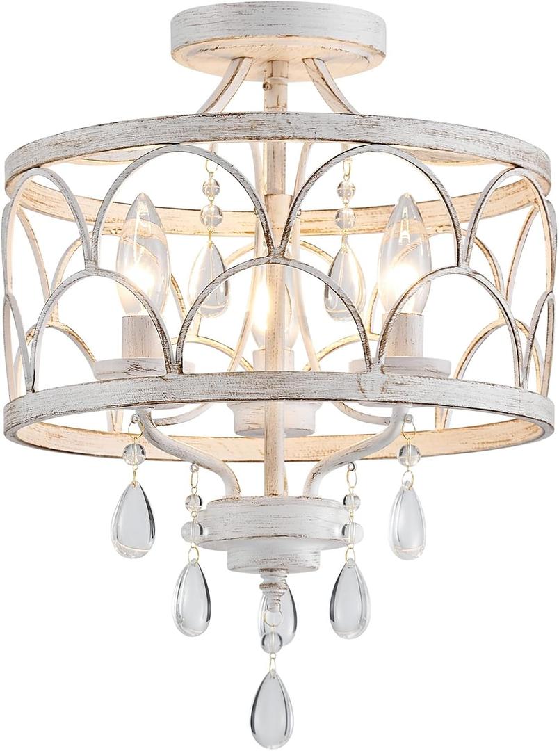 Crystal Ceiling Light Fixture, Modern Small Chandelier Light Fixture, Farmhouse White Semi Flush Mount Ceiling Light, Round Hallway Lighting Fixtures for Bedroom Entryway Dining Room Living Room, 16" High 12.8" Wide