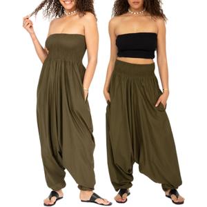 likemary Harem Pants Women Jumpsuit 2-in-1 Strapless Romper Converts into Comfy Boho Balloon Pants with Pockets One Size (Green, S)