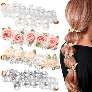 4 Pcs Rose Spiral Hair Ties for Women, Hair Ties No Damage, Elegant Flower Hair Tie, Phone Cord Hair Tie for Daily Use, Party (4 Styles)