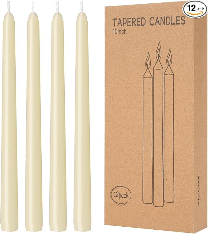 12 Pack Ivory Taper Candles 10 Inch Taper Candles Dripless, Smokeless, Unscented 8 Hours Long Burning Hand Poured Tall Candlesticks Perfect for Home Decor, Weddings, and Special Occasions