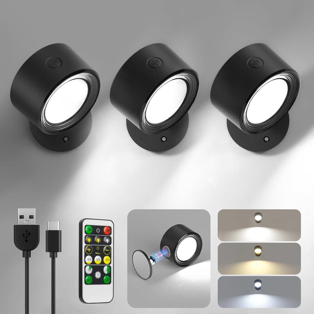 LED Wall Mounted Lights 3 Pcs with Remote, Wall Sconces Lamp 3000mAh Rechargeable Battery Operated, 3 Color Temperatures & Dimmable Magnetic 360 Rotation Cordless Light for Bedroom Bedside