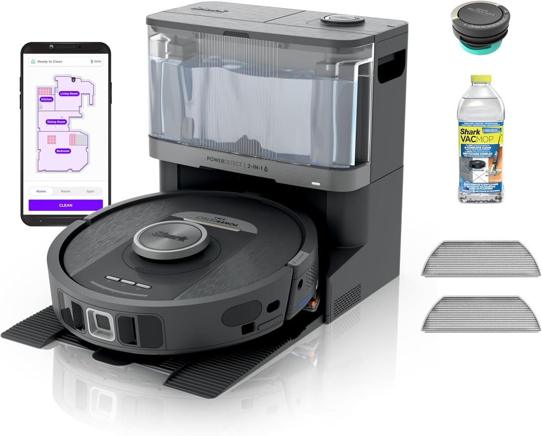 Shark Robot Vacuum & Mop Combo, NeverTouch System, Self-Emptying and Refilling, for Wood, 60-Day Debris Capacity, 30-Tank Reservoir, Pad Drying, 5 Intelligent Cleaning Technologies, RV2820YE