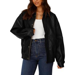 PRETTYGARDEN Women's Faux Leather Motorcycle Jacket Trendy Fall Spring Clothes Oversized Zip Up Winter Coat Outerwear (Black, M)