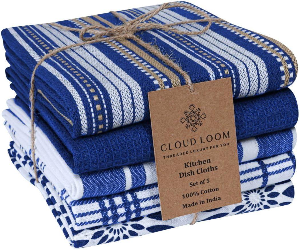 Assorted Kitchen Towels Large 16x26 inch 100% Cotton Set of 5 - Soft Absorbent Washable Tea Towel for Kitchen - Dish Cloths Towel with Hanging Loop - Quick Drying Dish Towels Blue