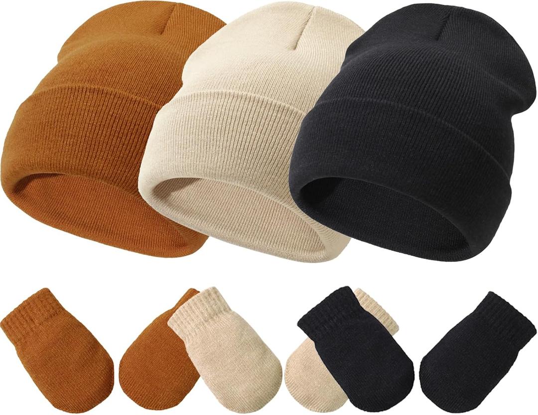 Baby Hats and Mittens Set Infant Toddler Beanie Caps Hospital Hat Set Newborn Gloves for Baby Boys Girls (3-18 Months, Khaki/Caramel/Blackno Thumbs)