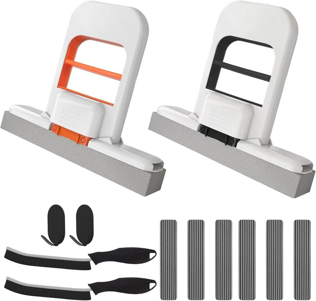 Mini Mop and Cleaning Brush Set, Foldable Self-Squeeze Sponge Mini Mop & Hard Bristle Crevice Cleaning Brush for Small Spaces, Tight Spaces, Gaps, Grout Cleaning, Kitchen, Bathroom, Desktop (Black and Orange)