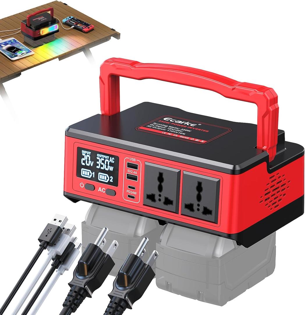 350W Power Inverter Compatible with Milwaukee 18V Batteries: Portable Power Station with 2 AC Outlets 2 USB-A&2 Type-C, Generator DC 18V to AC 110V - Battery Adapter 500LM LED Light RGB Light