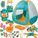 FUN LITTLE TOYS Kids Camping Set with Pop Up Play Tent Camping Toys with Battery Lantern and Drawstring Bag Indoor Outdoor Pretend Play, Christmas Birthday Gifts for Boys (Green Yellow)