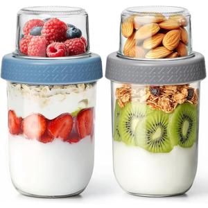 2 Pack Glass Yogurt Parfait Cups with Lids, 16+4oz Reusable Containers with Dry & Wet Separation, Leak-Proof for Overnight Oats, Meal Prep, Portable to Work & School, Easy Clean (Blue+Grey)