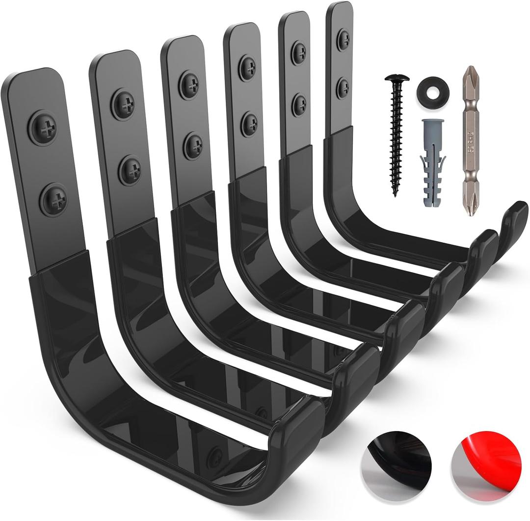 Garage Hooks 4 Inch, 6 Pack Heavy Duty Wall Hooks for Hanging, Ladder Hangers for Garage Wall Mount, Steel J Utility Garden Hose Holder Tool Organizers and Storage(55lbs)