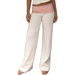 FOMOYUU Women's Fold Over Lounge Pants Low Rise Wide Leg Yoga Sweatpants Stretchy Bell Bottoms Leggings Roll Over Pants (Pink+white)