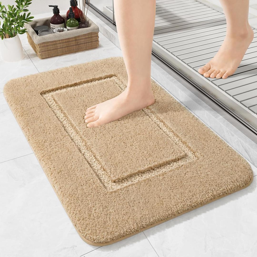 LOCHAS Bathroom Rugs, 24" x 17" Small Bath Rug, Non Slip Washable Bath Mat Soft Absorbent Microfiber Bathroom Mat, Shaggy Plush Luxury Bath Carpet for Shower, Beige