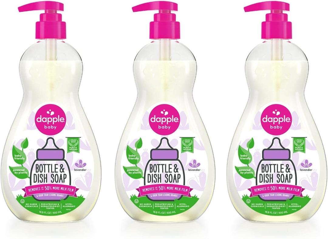 Dapple Baby Bottle Soap, Hypoallergenic Dish Soap for Baby Bottles, Powered by Plants, Lavender, 16.9 Fl Oz (Pack of 3)