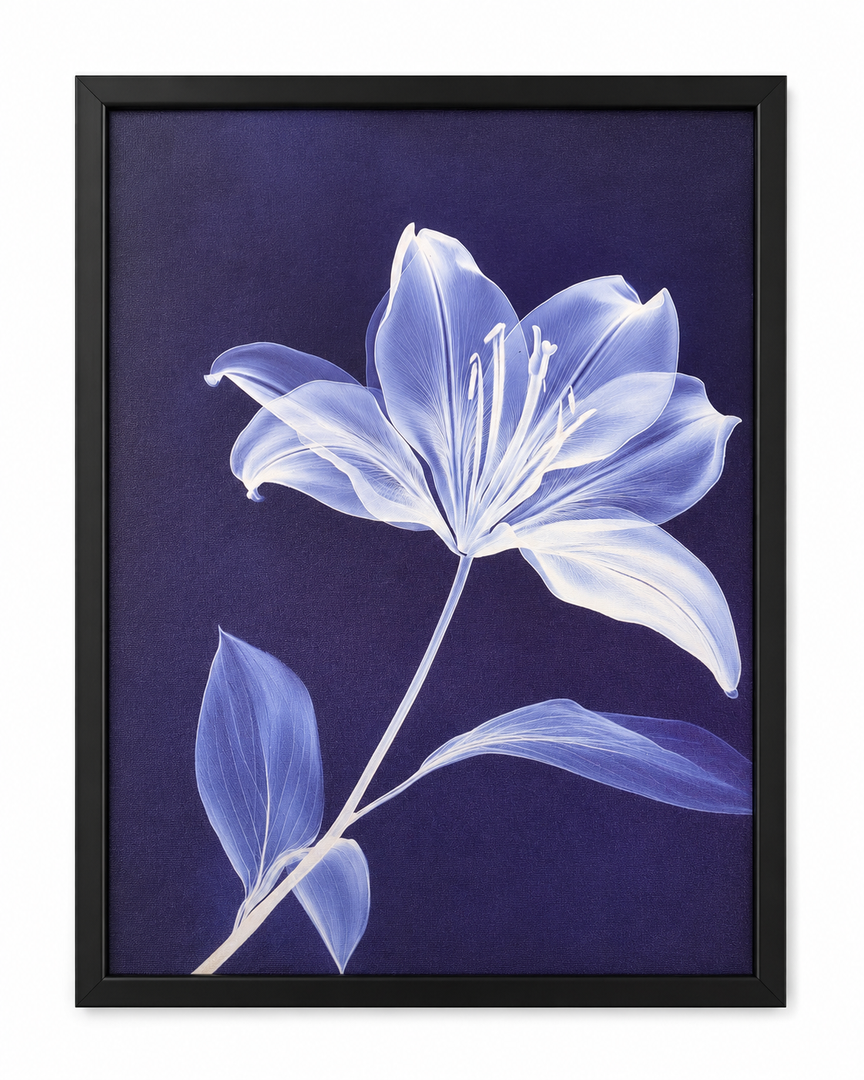 3 x Framed Blue Lily Flower Wall Art, Purple Botanical Canvas Print with Black Frame for Home Decor