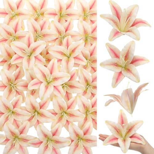 Suncalla 30 Pack Large Artificial Lilies Flower Heads with Realistic Stamens 5.9" Faux Fake Lily Flower Heads Bulk for DIY Crafts Cake Wedding Bridal Wreaths Table Home Party Decor(Dark Bean Paste)