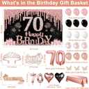 70th Birthday Decorations for Women, 49pcs Black Rose Gold Black Happy 70th Birthday Banner, Tablecloth, Butterfly Decor, Sash and Tiara, Cake Topper, Candles, Balloons Arch