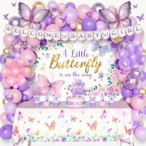 Butterfly Baby Shower Decorations for Girl, Purple Pink Floral Baby Shower Supplies, A Little Butterfly Is On the Way Backdrop Balloon Tablecloth Banner Cake Cupcake Topper Cutout