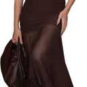 Women's Sexy Strapless Mesh Maxi Dress Tube Top Midi Dresses Wedding Guest Party Cocktail (Brown)