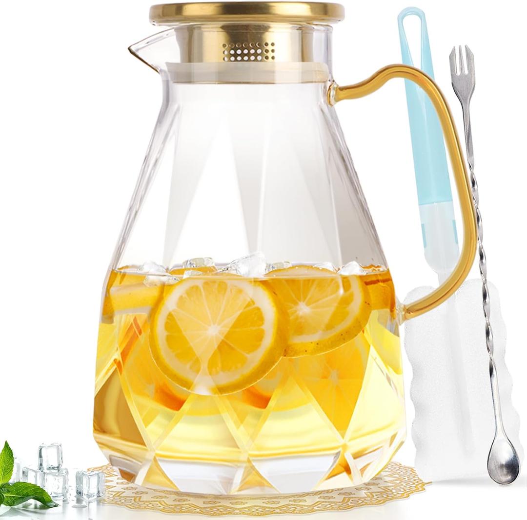 2.8 Liter Glass Pitcher with Lid, Transparent, Thermal Shock Resistant, Microwave Safe, Natural, 2.8L, Round, 6x12 Inches