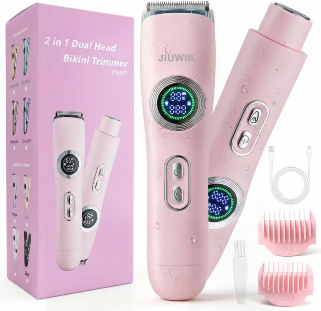 Bikini Trimmer for Women, JIUWIIL 2 in 1 Electric Razors for Women, IPX7 Waterproof Dual Head Electric Shaver,Wet & Dry Use Body Hair Trimmer, Facial Hair Remover for Bikini Underarm Leg Arm (Pink)
