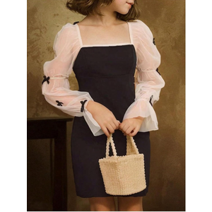 BEAUDRM Girl's Dress Bow Ruffle Sheer Mesh Puff Long Sleeve Dresses Party Formal Short Dresses Size 8-12