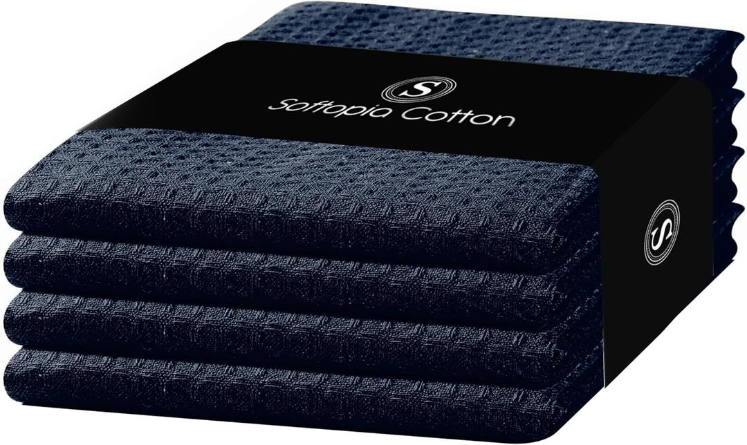 Navy Waffle Kitchen Dish Towels, 100% Cotton, Quick Dry, Super Absorbent, Soft, Lint-Free, 16x26 Inches - Ideal for Dish Drying, Tea, Cleaning, and Everyday Use, 4 Pack, Navy Blue