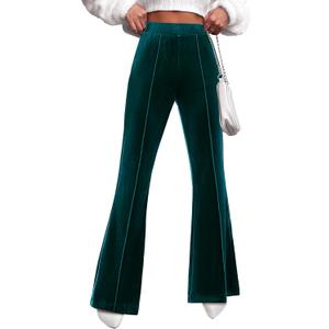 GRAPENT Flare Velvet Pants for Women High Waisted Wide Leg Stretch Elastic Waist Pull On Trousers Front Seam Slacks (Small, Dark Green)