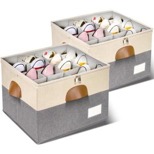 2 Pack Shoe Organizer for Closet, Adjustable Shoe Box Storage Containers, Large Foldable Shoe Bins with Clear Cover, Space Saving Shoes Holder with 4 Handles, Fits 16-32 Pairs, Beige