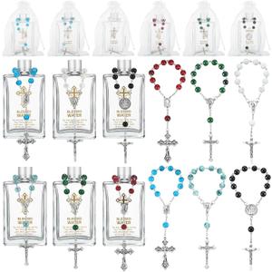 Reallnaive 6 Set Holy Water Bottles Gift Set Baptism Favor for Guest Christian Catholic Glass Water Bottles Cross Rosary Bracelets Organza Bag for Church First Communion Gift
