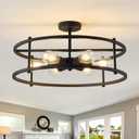 hesoge Large Semi Flush Mount Ceiling Light Fixture Black Cage Ceiling Light 6 Light Chandelier for Kitchen Dining Room Entryway Living Room Bedroom Foyer