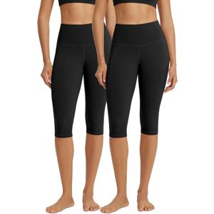 ODODOS 2-Pack High Waist Knee Length Workout Capris for Women, 14" Tummy Control Athletic Running Capri Leggings, Black+Black, Large 