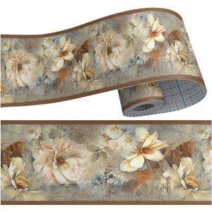 4"x393" Boho Yellow Brown Floral Poppy Flower Wallpaper Border Peel and Stick Wall Border Self Adhesive Removable Vinyl Trim for Living Room Bedroom Bathroom Kitchen Cabinet Decoration