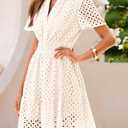 PRETTYGARDEN Womens 2026 Summer Short Dress V Neck Short Sleeve A Line Hollow Out Lace Cute Casual Beach Party Spring Dresses (White, L)